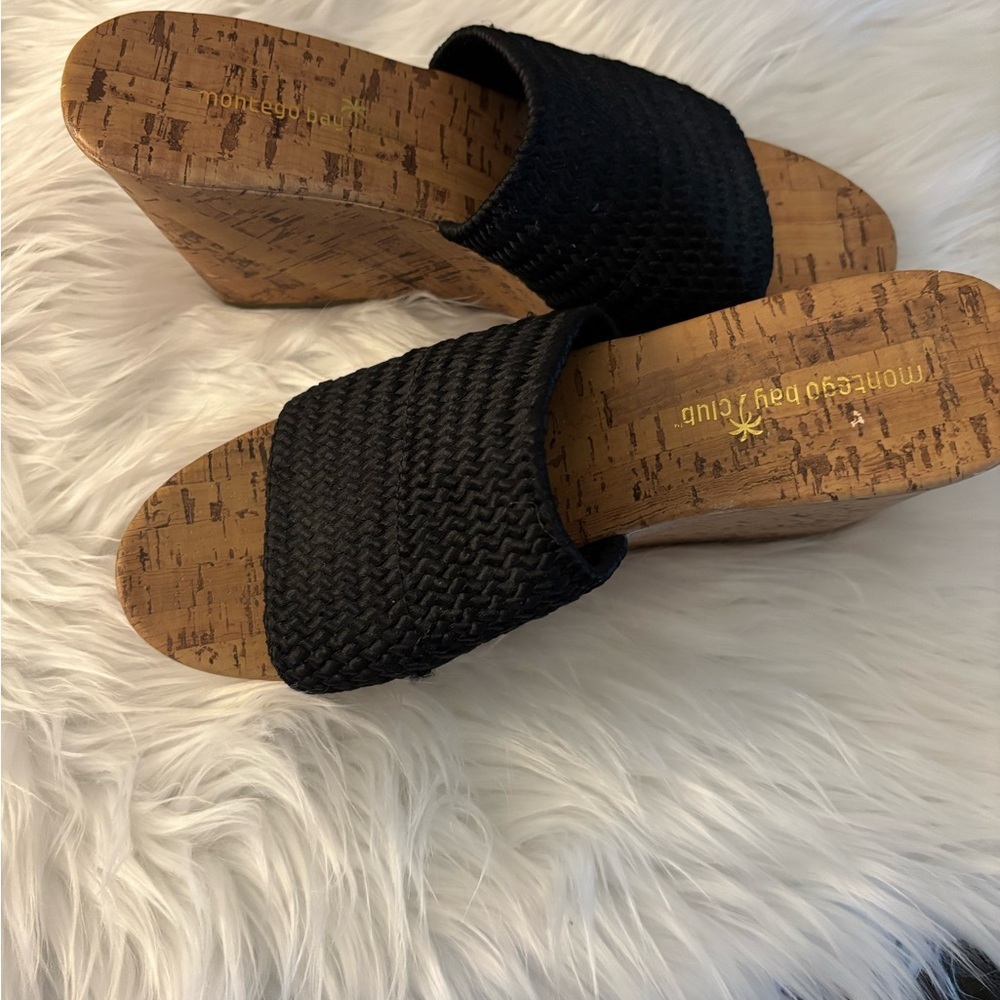 Montego Bay Club Black Cork Platform Wedge Heels Sandals size 9